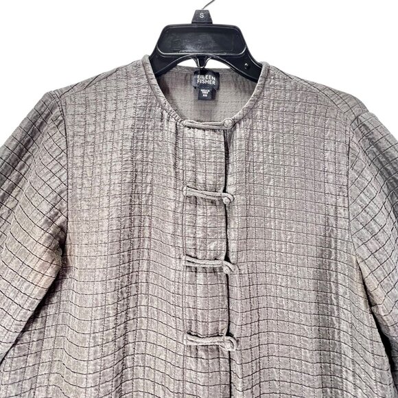 Eileen Fisher XS Jacket Textured Silk Linen Olive Green Mandarin Collar Buttons - Picture 2 of 11